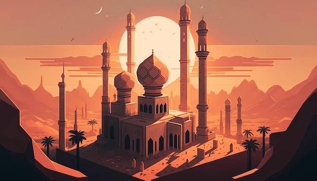 Een isometrische illustratie van een moskee in een woestijn digitale kunst illustratie generatieve AI