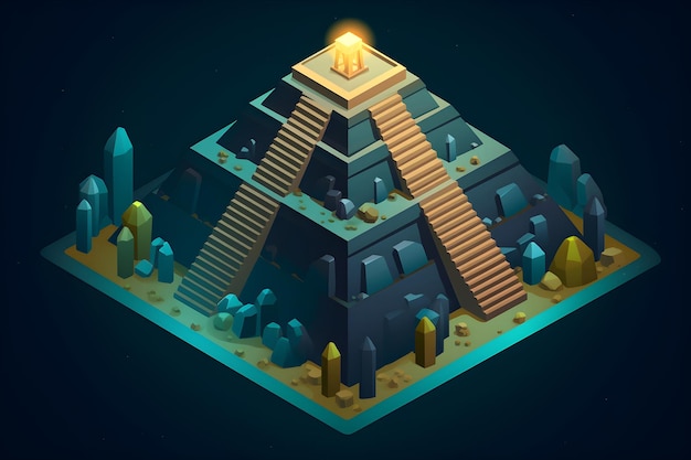 Een isometrische illustratie van een piramide en gloeiend maanlicht