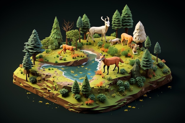 Een isometrische natuur miniatuur bosscène met dieren