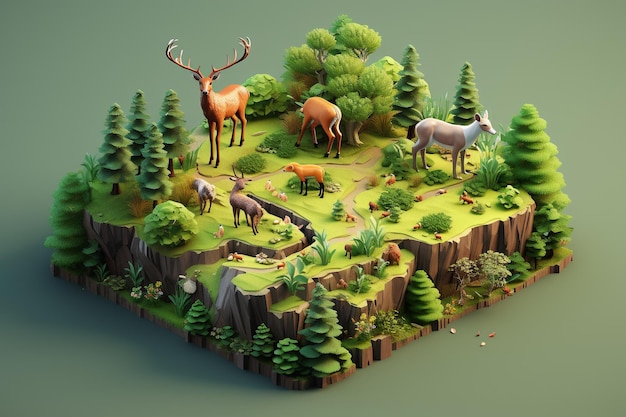 Een isometrische natuur miniatuur bosscène met dieren