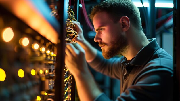 Foto een it-specialist in een serverruimte, gedetailleerd vastgelegd door ai generative