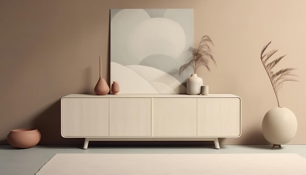 Een ivoorkleurig dressoir met een vloerkleed ervoor in een minimalistische stijl