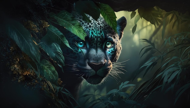 Een jaguar in de jungle met blauwe ogen