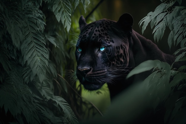 Een jaguar met blauwe ogen kijkt uit vanuit een jungle.