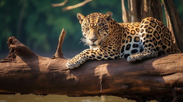 Een jaguar ontspant op een boomstam aan de oevers van de rivier de Tambopata