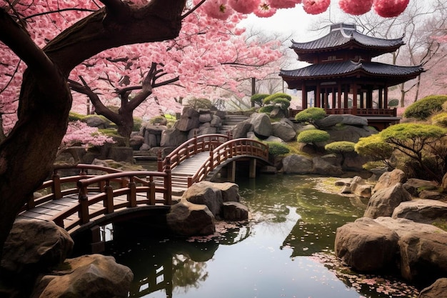 Een Japans heiligdom met een rode brug en een roze kersenboom.