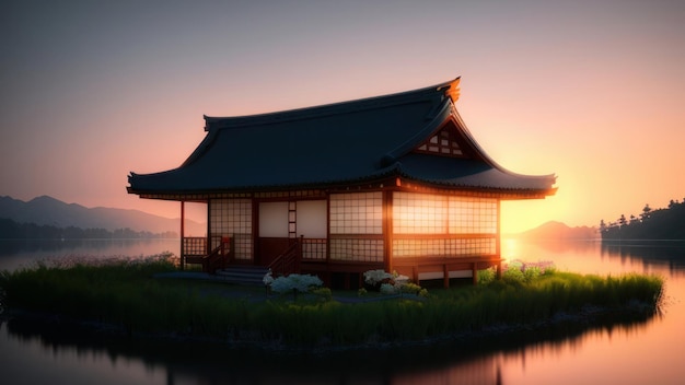 Een Japans huis in de zonsondergang
