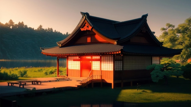 Een Japans huis in een bos met een zonsondergang op de achtergrond