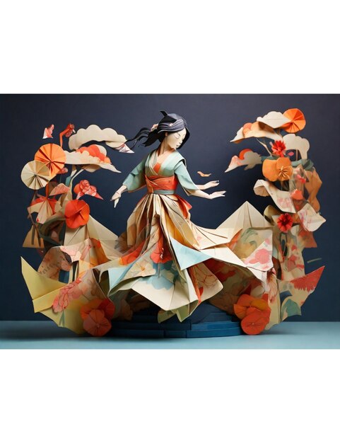 Een Japanse dame die danst, gecreëerd door Origami-kunst