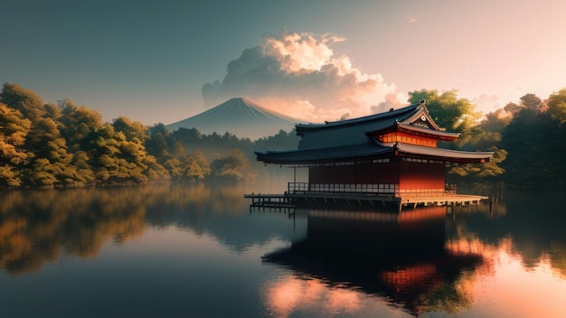 Een Japanse tempel aan het meer met een berg op de achtergrond