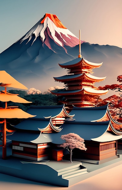 Een Japanse tempel met een berg op de achtergrond