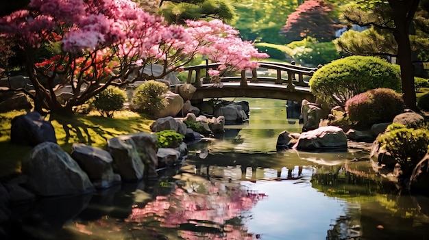 Een Japanse tuin met een brug en een Japanse tuin op de achtergrond