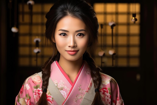 Een Japanse vrouw van in de twintig, gekleed in een traditionele kimono