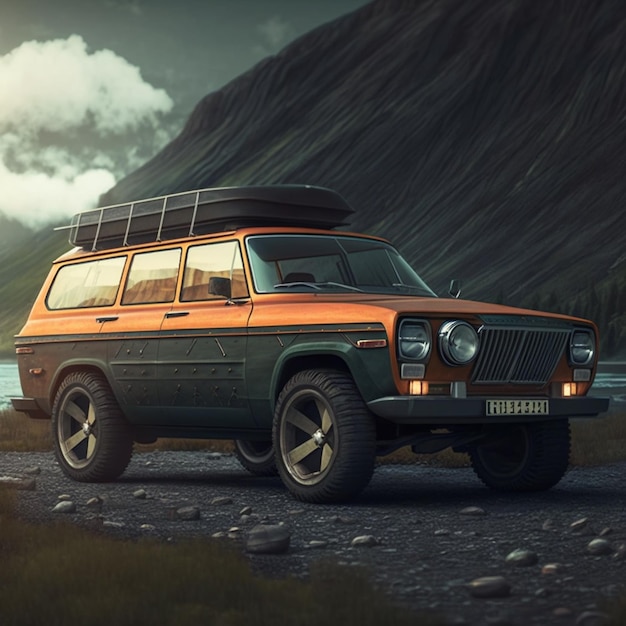 Een jeep met een bagagerek op het dak staat geparkeerd op een grindweg.