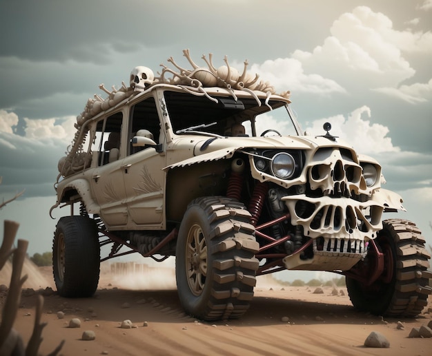 Een jeep met schedels en botten op de motorkap staat geparkeerd in een woestijn.