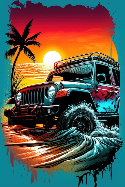 Een jeep op een strand met een zonsondergang op de achtergrond.