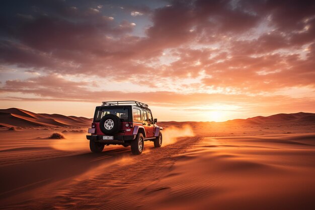 Een jeep rijdt door de woestijn bij zonsondergang.