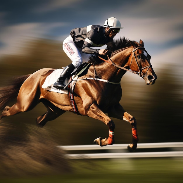 Een jockey op een paard rent over een baan.