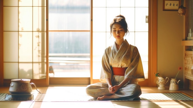 Een jong, aantrekkelijk Japans meisje op een tatami in een kimono wacht kalm en ontspannen kokend water op een traditionele theeceremonie in een huis in de stralen van de dageraadzon door fusuma Kopieer ruimte