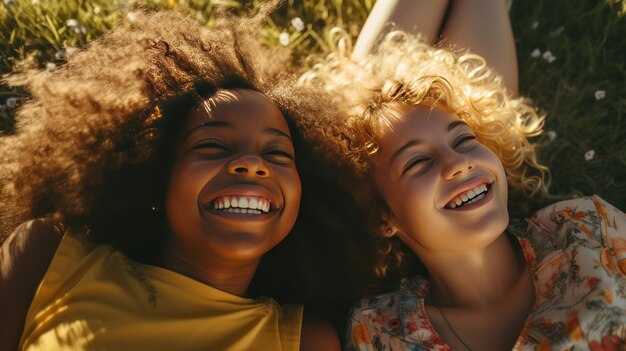 Foto een jong afro-meisje en een andere vriend liggen en lachen op het gras.