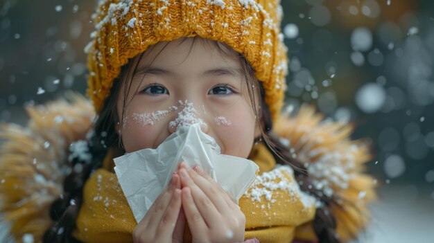 Een jong Aziatisch meisje was ziek met niezen hoesten op zakdoek en verkoudheid symptomen als gevolg van een virus en bacteriën veroorzaakt door het stof