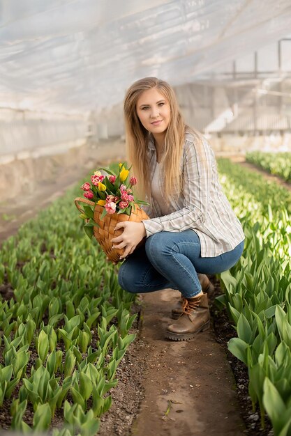 een jong blond meisje in jeans en een shirt houdt een tas met tulpen in de kas