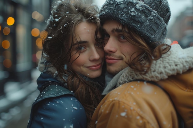 Een jong echtpaar dat zich knuffelt in de sneeuwrijke straten van de stad, warm gekleed voor een romantische winterwandeling.