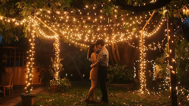 Een jong echtpaar deelt een romantisch moment in een prachtige tuin verlicht door een luifel van flikkerende lichten
