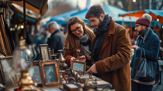 Een jong echtpaar kijkt naar oude frames op een vlooienmarkt de vrouw glimlacht en wijst naar een van de frames