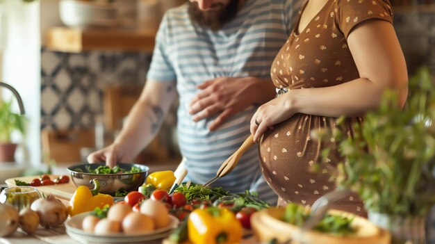 Foto een jong echtpaar kookt samen in de keuken de vrouw is zwanger en heeft haar hand op haar buik de man snijdt groenten