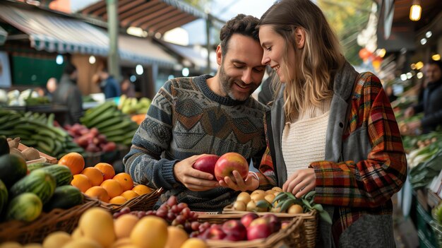 Een jong echtpaar koopt vers fruit en groenten op een plaatselijke boerenmarkt