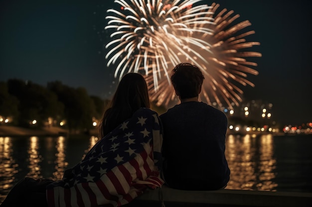 Een jong echtpaar zit samen om vuurwerk te kijken in Amerika.