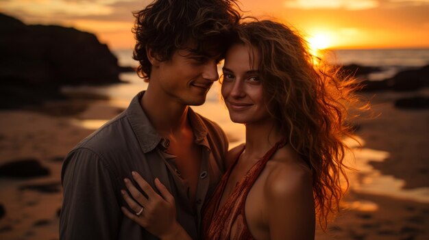 een jong getrouwd stel op het strand bij zonsondergang op het punt om te kussen met hun gezichten dicht bij elkaar