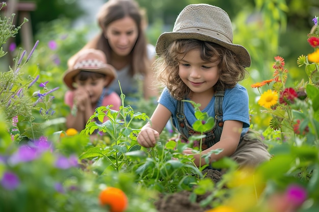 Een jong gezin met kinderen is aan het tuinieren in het voorjaar