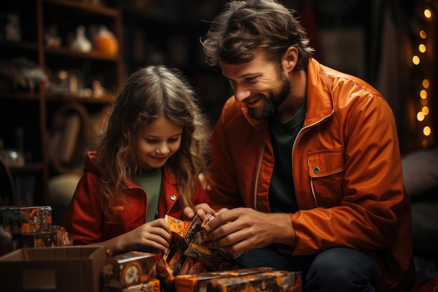 Een jong gezin pakt cadeautjes uit voor Kerstmis