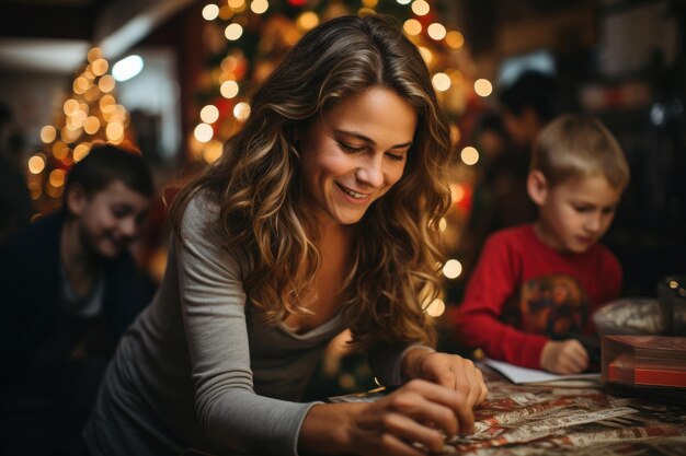 Een jong gezin pakt cadeautjes uit voor Kerstmis