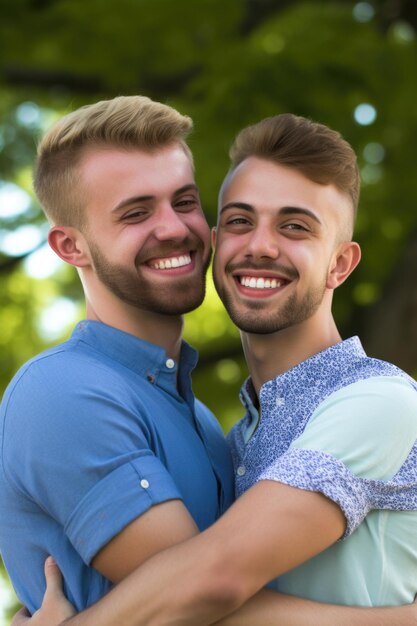 Foto een jong homoseksueel echtpaar glimlacht met trots op hun verloving.