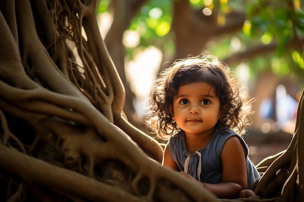 Een jong Indiaas meisje, zittend onder een banyanboom met grote wortels, AI gegenereerd