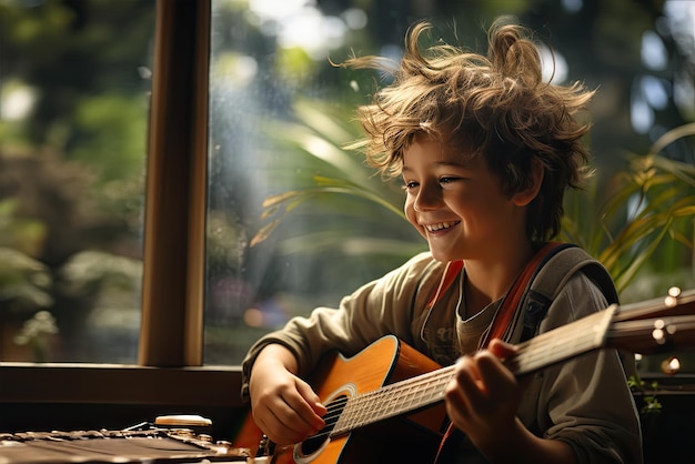 Foto een jong kind dat gitaar speelt generatieve ai