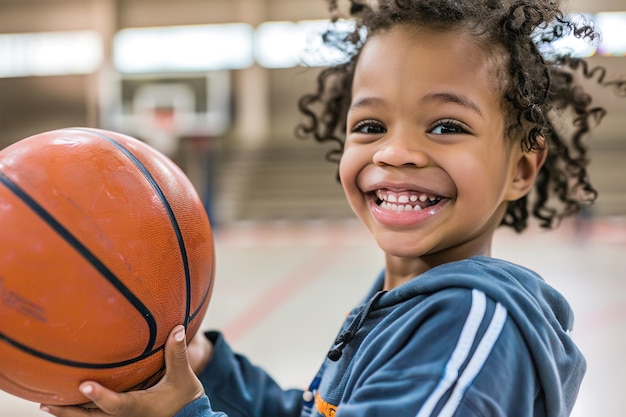 Foto een jong kind dat wijd glimlacht en een basketbal vasthoudt in een binnenruimte