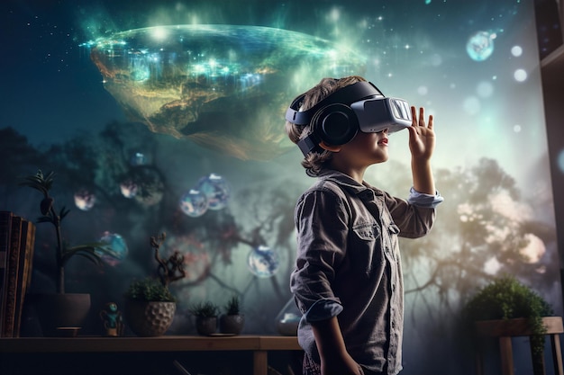 Een jong kind draagt een virtual reality-bril om de planeten van het zonnestelsel en sterrenstelsels te verkennen