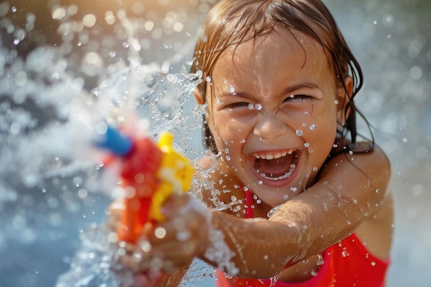 Een jong kind geniet van de zomerhitte terwijl het met een waterpistool speelt