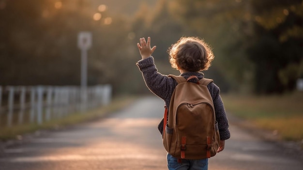 Een jong kind rugzak gehangen over hun schouder angstig zwaaien vaarwel aan hun ouders als ze