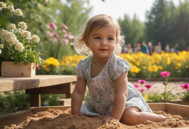 Een jong kind speelt in een zandtuin diep verdiept in creatief spel omringd door bloemen en