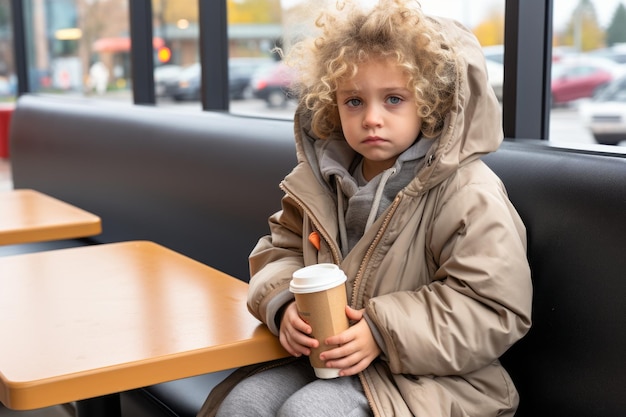 een jong kind zit aan een tafel met een kop koffie