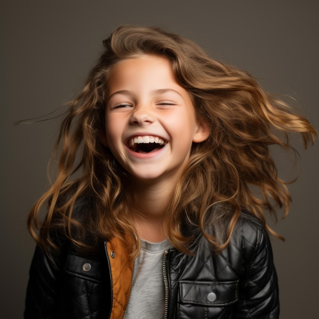 een jong meisje dat lacht en een leren jas draagt