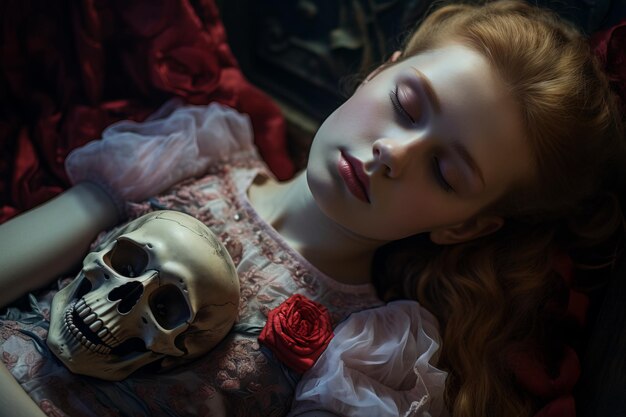 een jong meisje dat slaapt met een schedel in haar hand