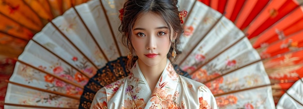 Een jong meisje, gekleed in een witte kimono, rust op de grond in een kostuumdecor inclusief een grote ventilator