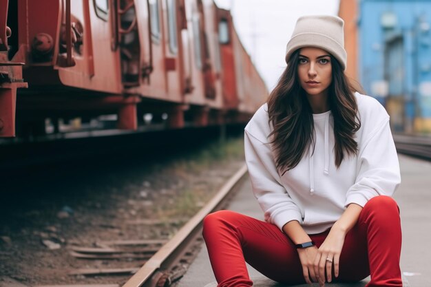 Foto een jong meisje gekleed in stedelijke kleding met broek en sweatshirt die op straat poseert