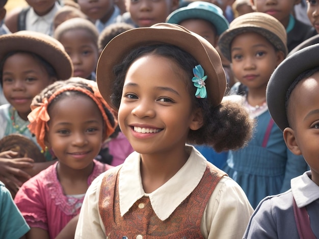 Een jong meisje glimlacht terwijl ze voor een groep kinderen staat die de Black History Month vieren